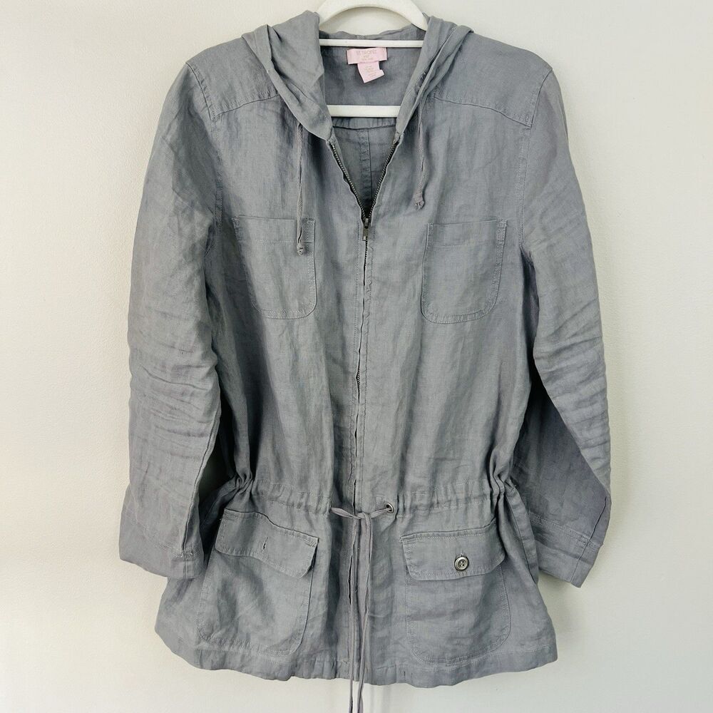 St. Tropez West Gray 100% Linen Hooded Zip up Jacket Shacket Lagenlook Sz Medium